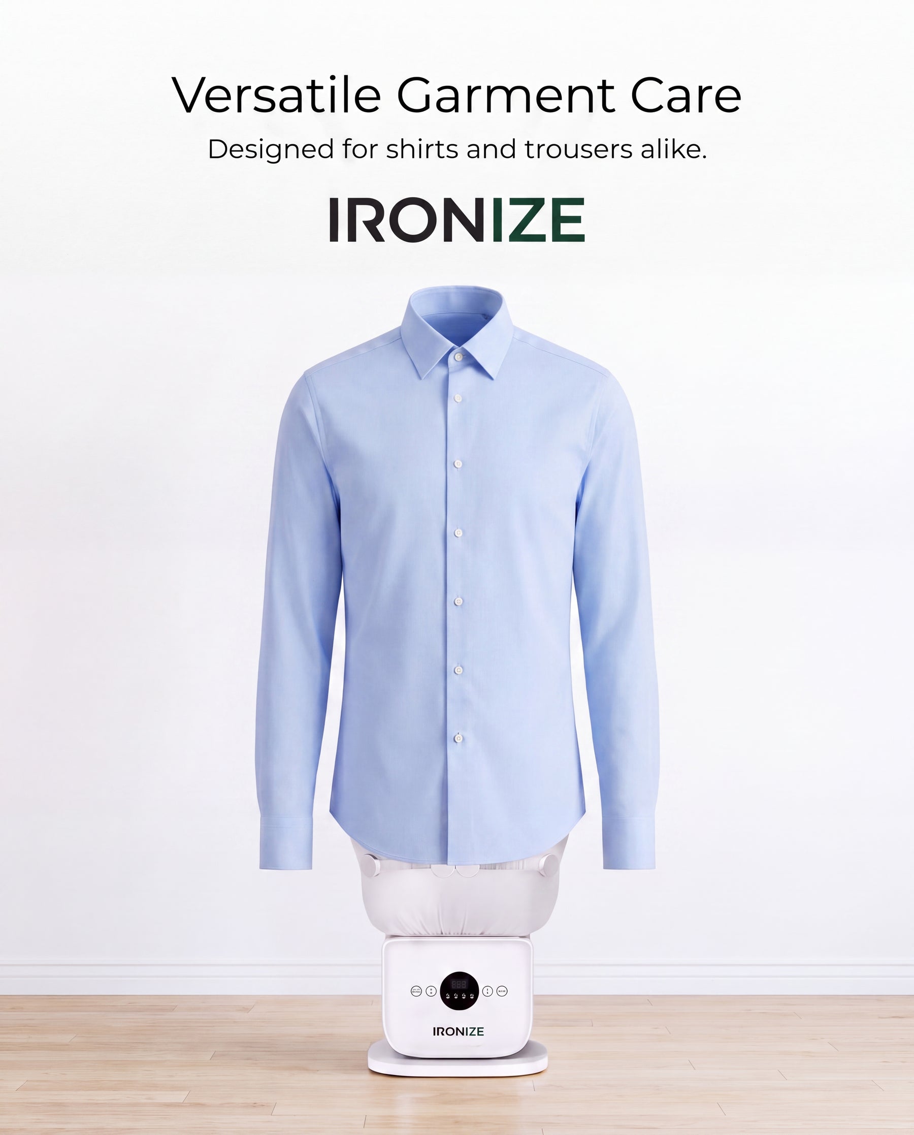 Front view of a light blue dress shirt positioned on the Ironize garment form and base unit.