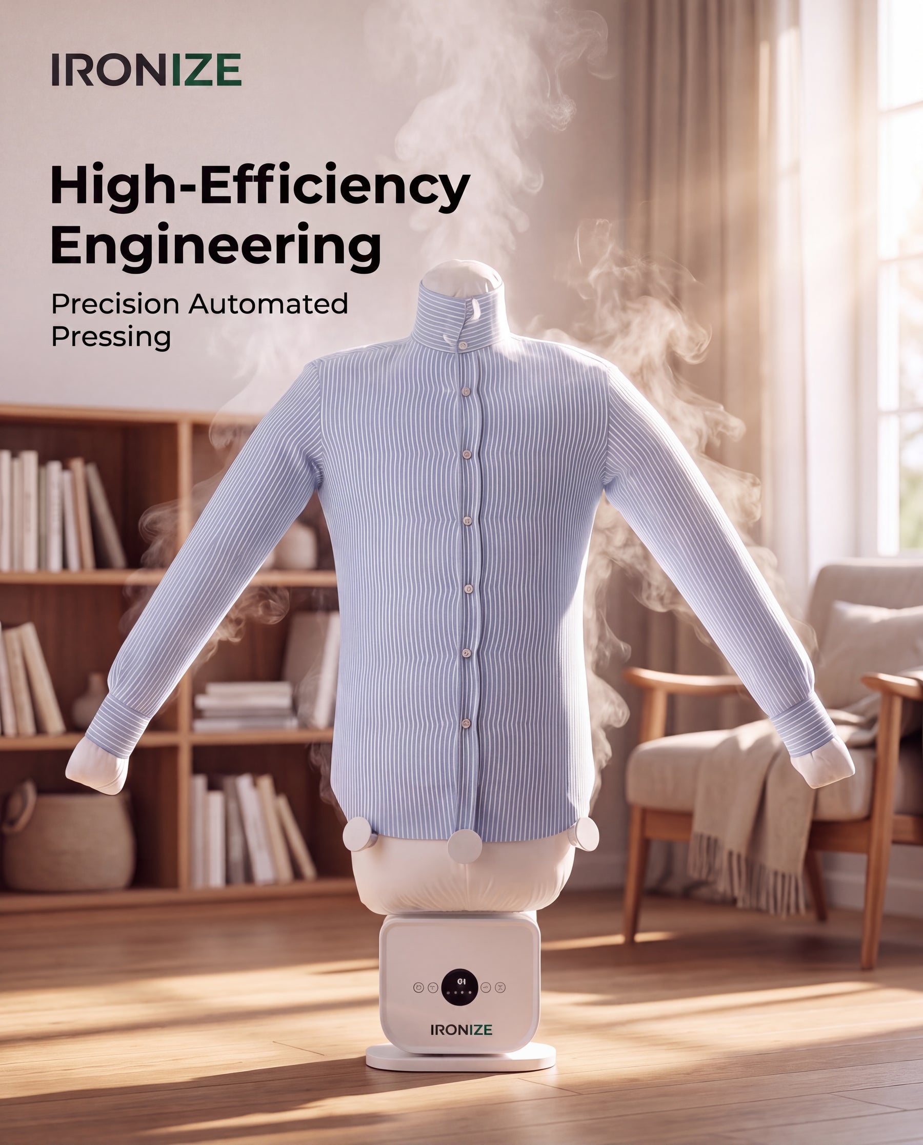 Ironize garment-care system with a blue striped shirt in a living room setting and visible graphic haze.