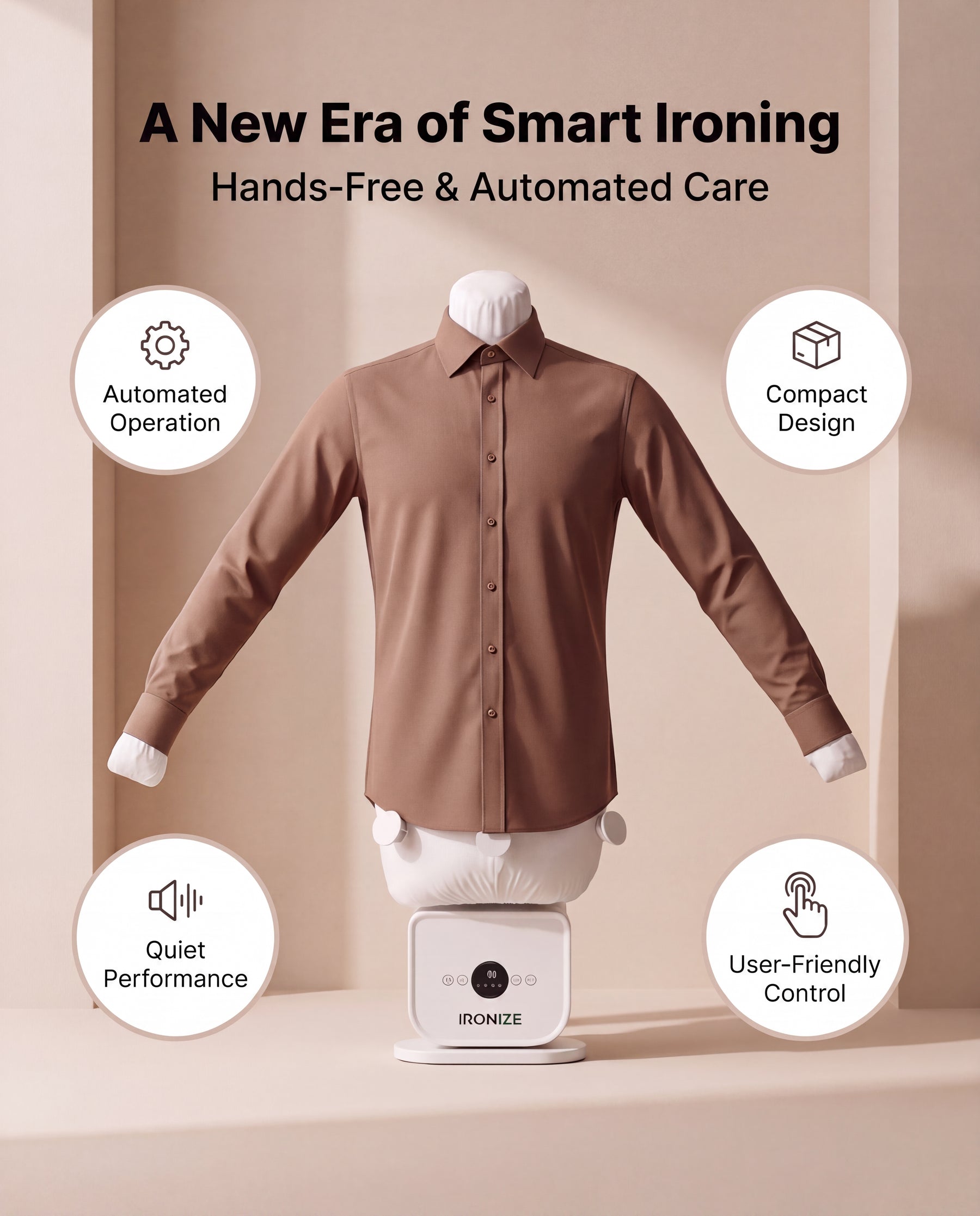 Ironize garment-care system with a brown shirt and four illustrated feature icons.