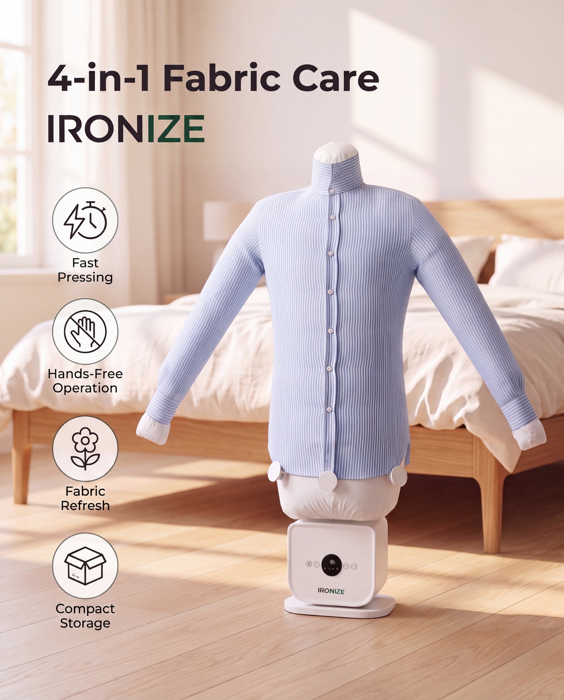Ironize garment-care system with a blue striped shirt in a bedroom setting and four illustrated feature icons.