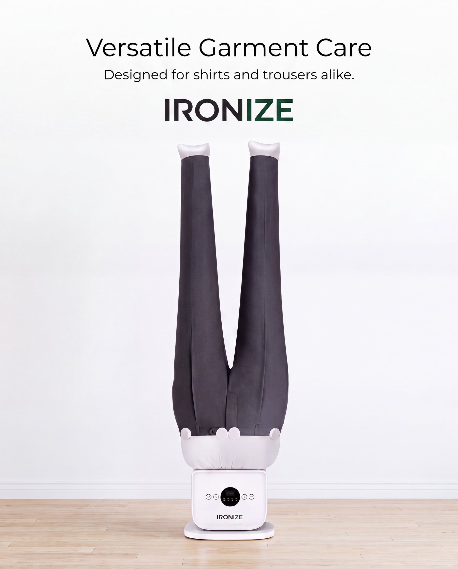 Dark trousers positioned upside down on the Ironize garment form and base unit.
