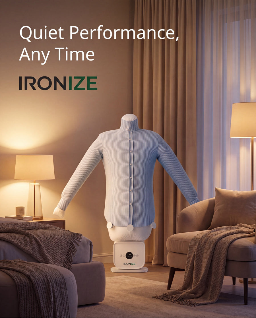 Ironize garment-care system holding a blue striped shirt in a softly lit room