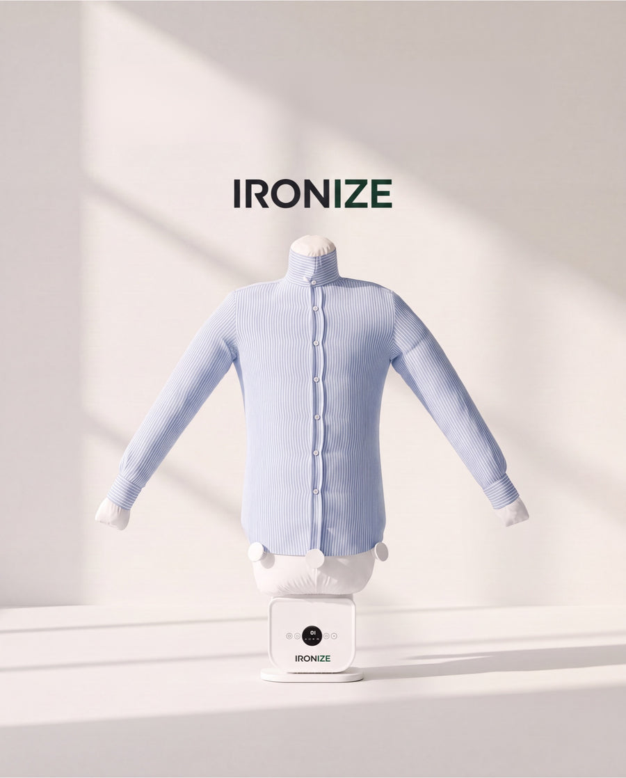 Ironize garment-care system holding a blue striped shirt in a light studio setting