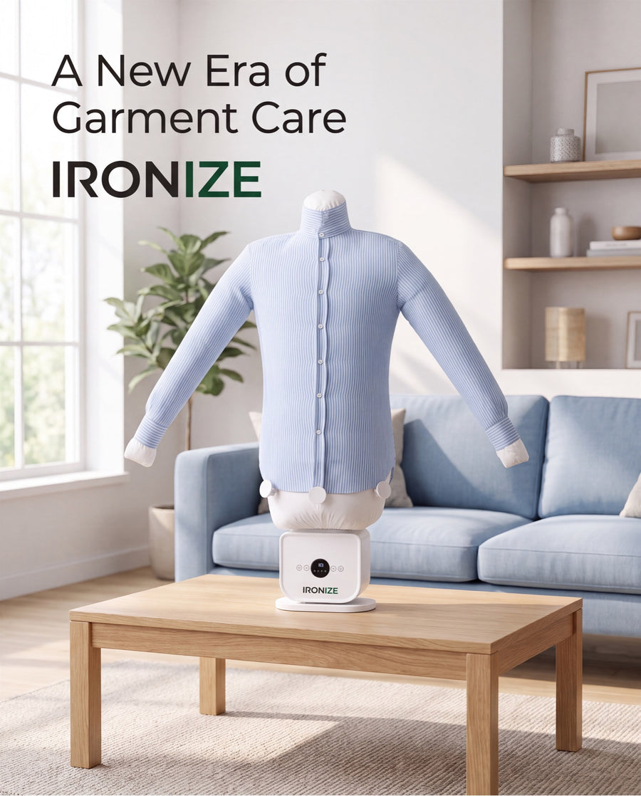 Ironize garment-care system holding a blue striped shirt in a bright living room