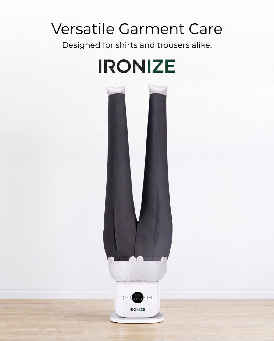 Ironize garment-care system shown with a dark trouser-form configuration