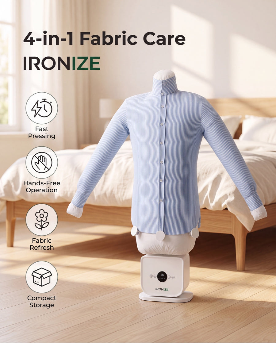 Ironize garment-care system holding a blue striped shirt in a bedroom setting