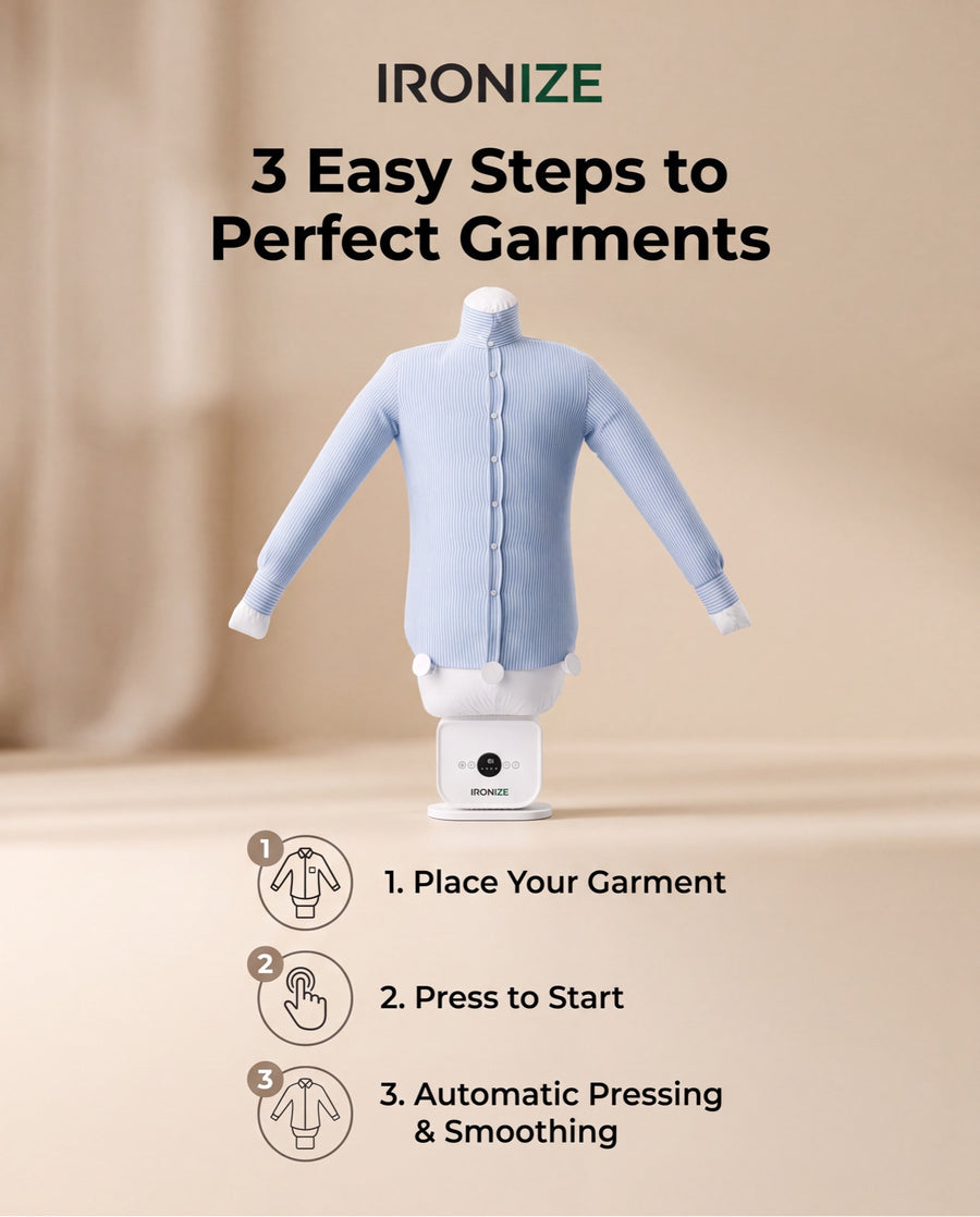 Ironize garment-care system with a blue striped shirt and illustrated setup steps