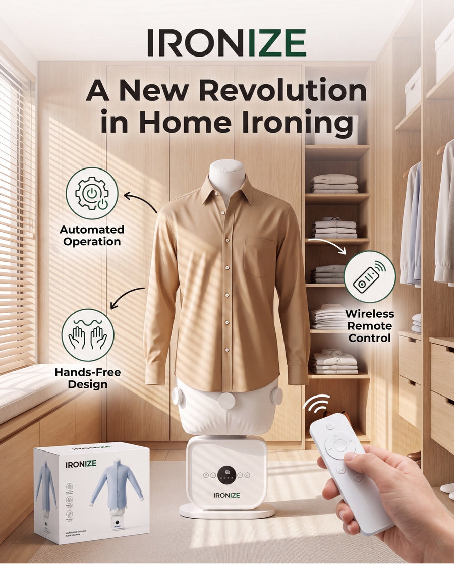 Ironize garment-care system with a tan shirt, product box, and handheld controller