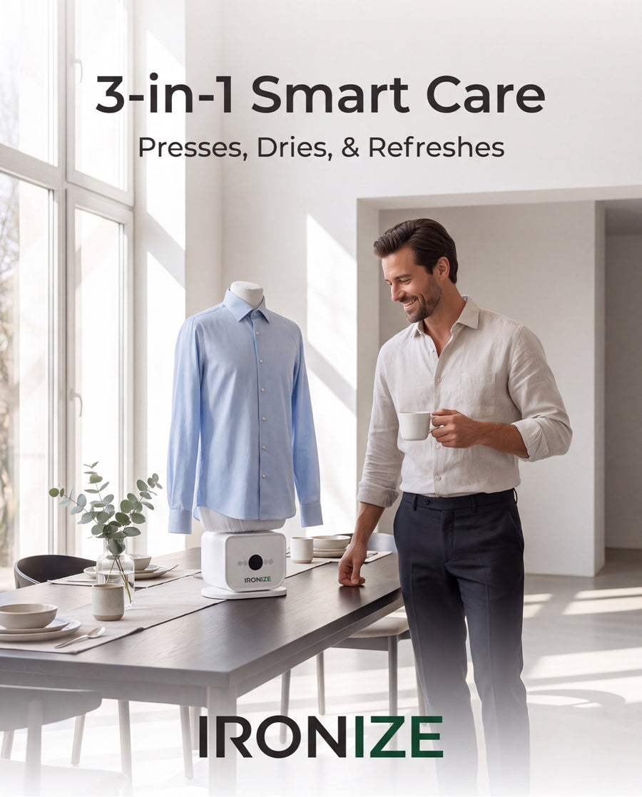A person standing beside an Ironize garment-care system holding a blue shirt