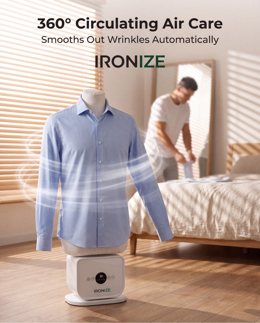 Ironize garment-care system holding a blue shirt with illustrated airflow lines