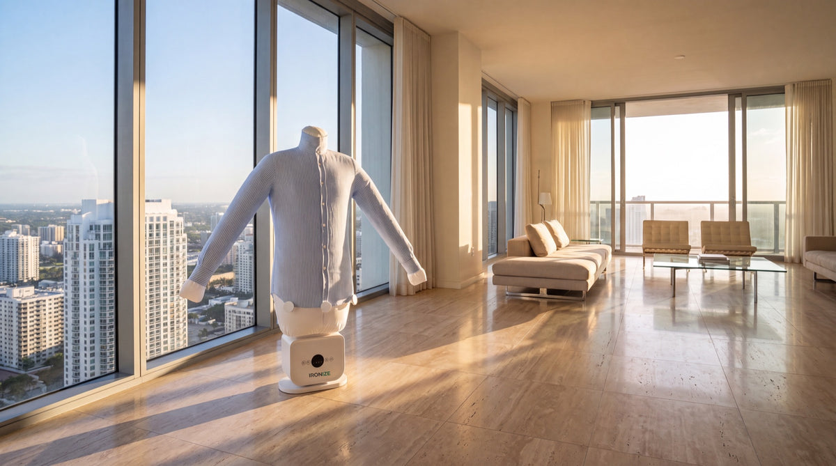 Ironize garment-care system holding a blue shirt in a bedroom at night